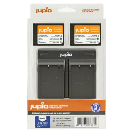 Set Jupio 2x Battery BLX-1 2280mAh + USB Dual Charger pro OM system, COL1005