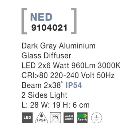 Svítidlo Nova Luce NED WALL GREY nástěnné, IP 54, 2x6 W , 9104021