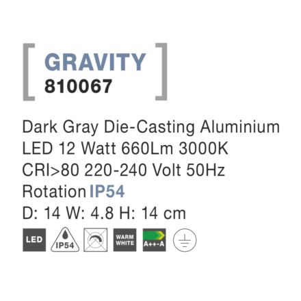 Svítidlo Nova Luce GRAVITY WALL GREY nástěnné, IP 54, 12 W, 810067