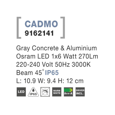 Svítidlo Nova Luce CADMO R WALL GREY nástěnné, IP 65, 6 W, 9162141