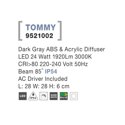 Svítidlo Nova Luce TOMMY S TOP GREY stropní, IP 54, 24 W, 9521002