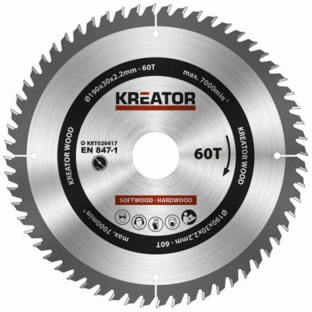 Pilový kotouč Kreator KRT020417 na dřevo 190mm, 60T, KRT020417
