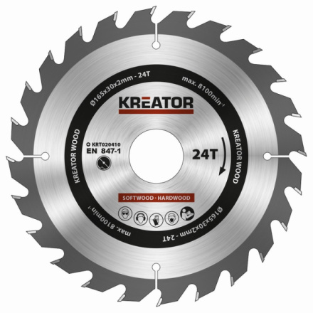 Pilový kotouč Kreator KRT020410 na dřevo 165mm, 24T, KRT020410