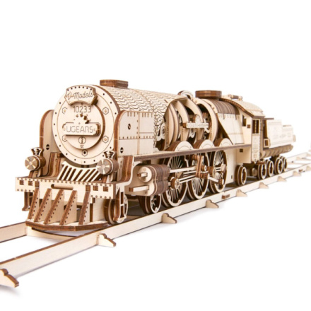 Hračka Ugears 3D dřevěné mechanické puzzle V-Express parní lokomotiva 4-6-2 s tendrem 538ks, UG70049