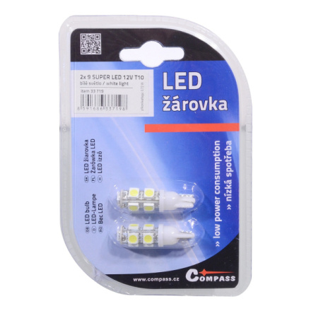 Žárovka 9 SUPER LED 12V  T10  bílá 2ks, T10 (W2.1x9.2d), 33719