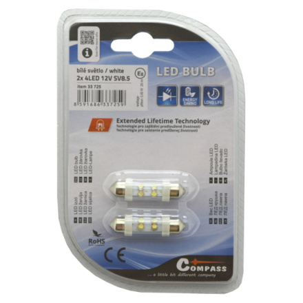 Žárovka 4LED 12V  suf. SV8.5 38mm bílá  2ks, SV8.5 (sufit), 33725