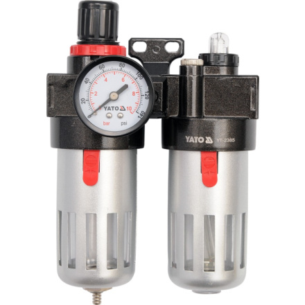 Regulátor tlaku vzduchu 1/4", max. 0,93MPa, s filtrem (90ccm) a přimazáváním (60ccm), YT-2385