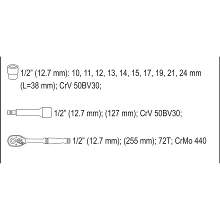 Gola sada 1/2" 12 ks, YT-38671