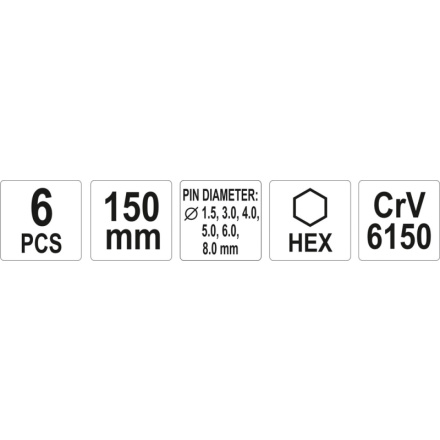 Sada vyrážečů 6ks, 150mm, pr. 1,5, 3, 4, 5, 6, 8mm, YT-47121