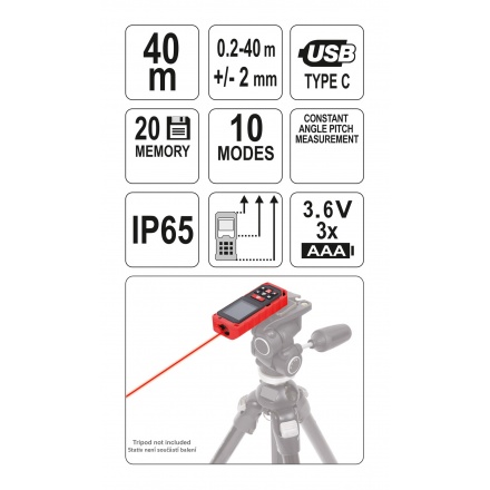 Laserový měřič vzdálenosti 0.2-40M, 10 režimů, YT-73126