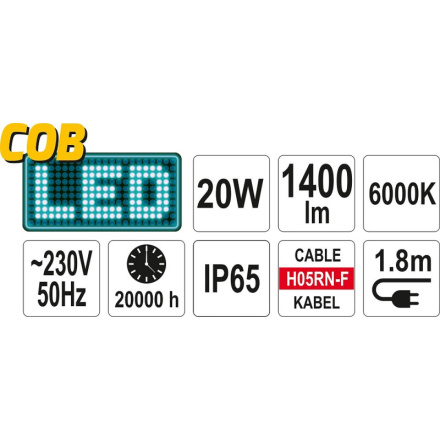 Reflektor přenosný s vysoce svítivou COB LED, 20W, 1400lm, YT-81799