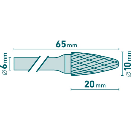 fréza karbidová, kulatý oblouk, pr.10x20mm/stopka 6mm,sek střední (double-cut) 8703754