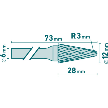 fréza karbidová, konická 14° zakulacená, pr.12x28mm/stopka 6mm,sek střední (double-cut) 8703785