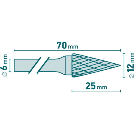 fréza karbidová, konická-jehlan, pr.12x25mm/stopka 6mm,sek střední (double-cut) 8703795
