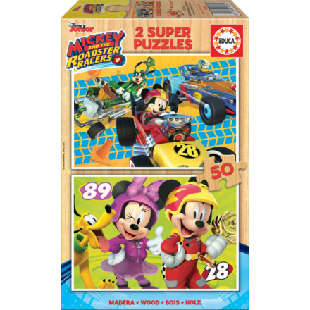 EDUCA Dřevěné puzzle Mickey, Minnie a závodníci 2x50 dílků 133136