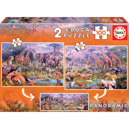 EDUCA Puzzle Panorama Divoká zvířata 2x100 dílků 134613