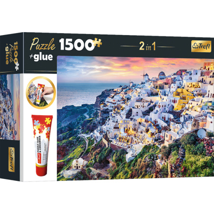 TREFL Sada 2v1 puzzle Nádherný ostrov Santorini, Řecko 1500 dílků s lepidlem 152886