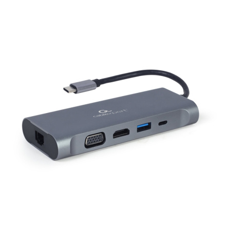 Gembird USB-C 7v1 multiport USB 3.0 + HDMI + VGA + PD + čtečka karet + stereo audio, A-CM-COMBO7-01