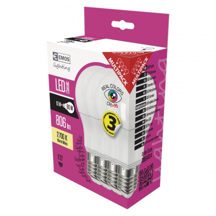 EMOS LED ŽÁROVKA CLASSIC A60 10W(60W) 806lm E27 WWRa>95 4PCS, 1525733230