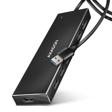 AXAGON HUE-F7A, 7x USB 3.2 Gen 1 ALU FLAT CHARGING hub, micro USB napájecí konektor, kabel USB-A 1m, HUE-F7A