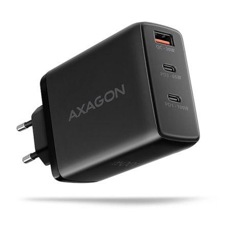 AXAGON ACU-DPQ100, GaN nabíječka do sítě 100W, 3x port (USB-A + dual USB-C), PD3.0/PPS/QC4+/Apple, ACU-DPQ100