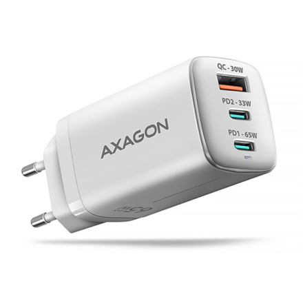 AXAGON ACU-DPQ65W, GaN nabíječka do sítě 65W, 3x port (USB-A + dual USB-C), PD3.0/QC4+/PPS/Apple, ACU-DPQ65W
