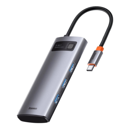 Baseus USB Hub Metal Gleam Series 5v1 (USB-C PD 100W, 3x USB 3.0, HDMI) šedý, 6932172602628