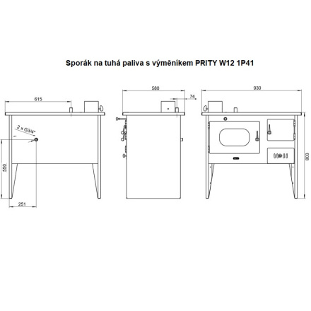 Sporák na tuhá paliva s teplovodním výměníkem PRITY W12 1P41, levá, 972