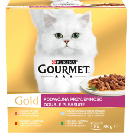 Purina Gourmet Gold pro kočky, hovězí s kuřetem, králík s játry, ryba se špenátem, kachna s krůtou, 8x85 g