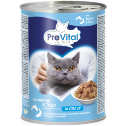 PreVital konzerva pro kočky s lososem a pstruhem v omáčce, 415 g