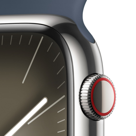 Apple Watch Series 9 45mm Cellular Stříbrný nerez s ledově modrým sportovním řemínkem - S/M MRMN3QC/A