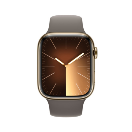Apple Watch Series 9 45mm Cellular Zlatý nerez s jílově šedým sportovním řemínkem - S/M MRMR3QC/A