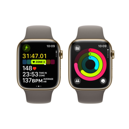 Apple Watch Series 9 45mm Cellular Zlatý nerez s jílově šedým sportovním řemínkem - S/M MRMR3QC/A