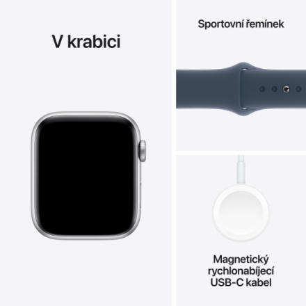 Apple Watch SE 44mm Stříbrný hliník s bouřkově modrým sportovním řemínkem - S/M MREC3QC/A