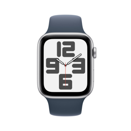 Apple Watch SE 44mm Stříbrný hliník s bouřkově modrým sportovním řemínkem - S/M MREC3QC/A
