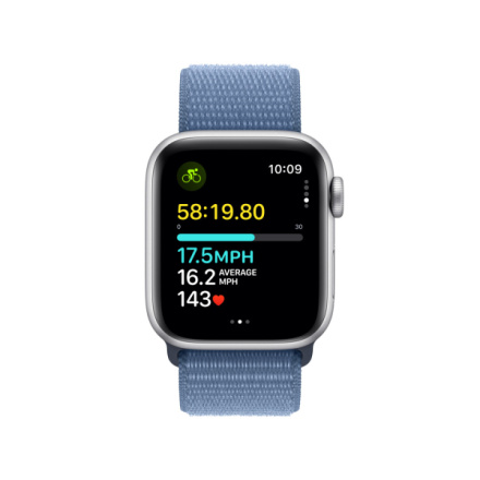 Apple Watch SE Cellular 40mm Stříbrný hliník s ledově modrým provlékacím sportovním řemínkem MRGQ3QC/A