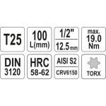 Nástavec prodloužený 1/2" bit Torx T25, YT-04321