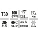 Nástavec prodloužený 1/2" bit Torx T30, YT-04323