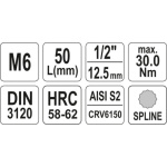Nástavec 1/2" bit vícezubý M6 55 mm, YT-04341