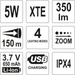 Svítilna LED XT-E CREE 5W USB, 350 lm, Li-ion, YT-08569