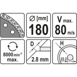 Kotouč řezný diamantový 180 x 22,2 x 2,8 mm turbo, YT-6024