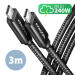 AXAGON BUCM2-CM30AB, CHARGE kabel USB-C <-> USB-C, 3m, Hi-Speed USB, PD 240W 5A, ALU, oplet, černý, BUCM2-CM30AB